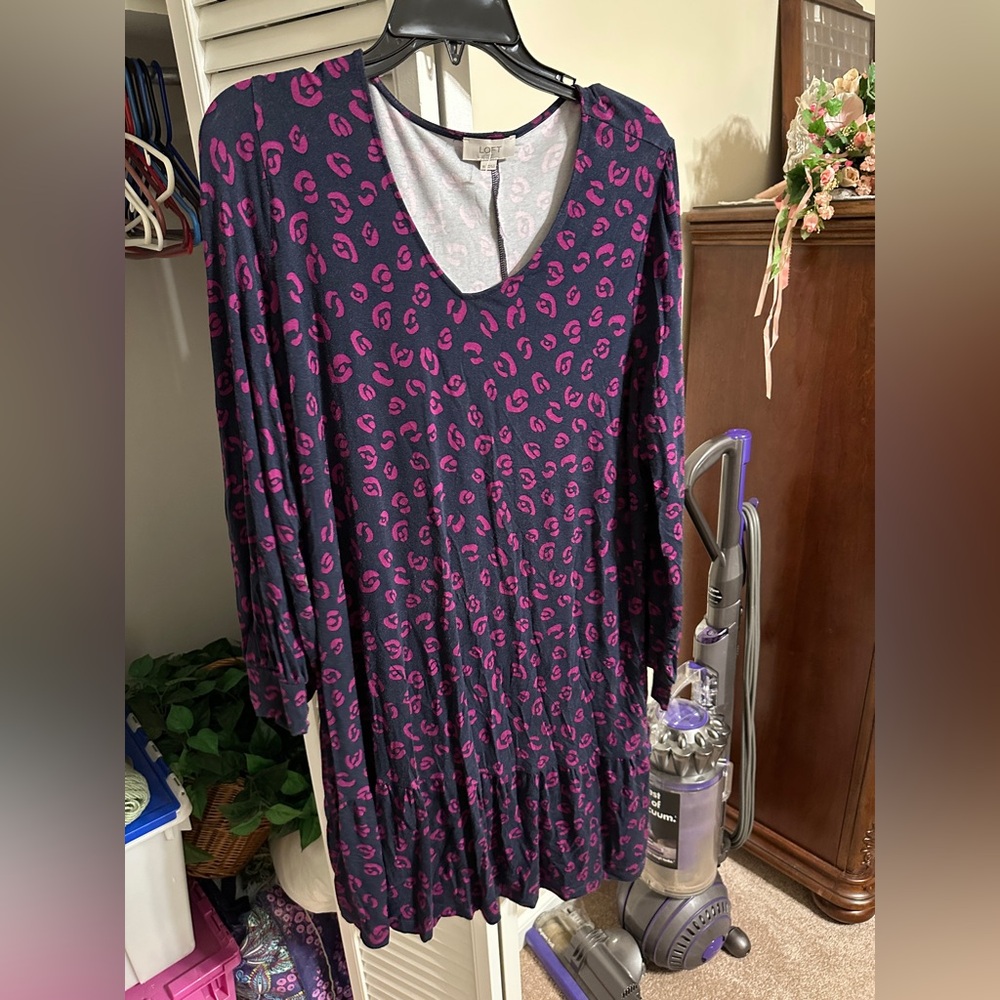 LOFT Navy and Pink Patterned Dress